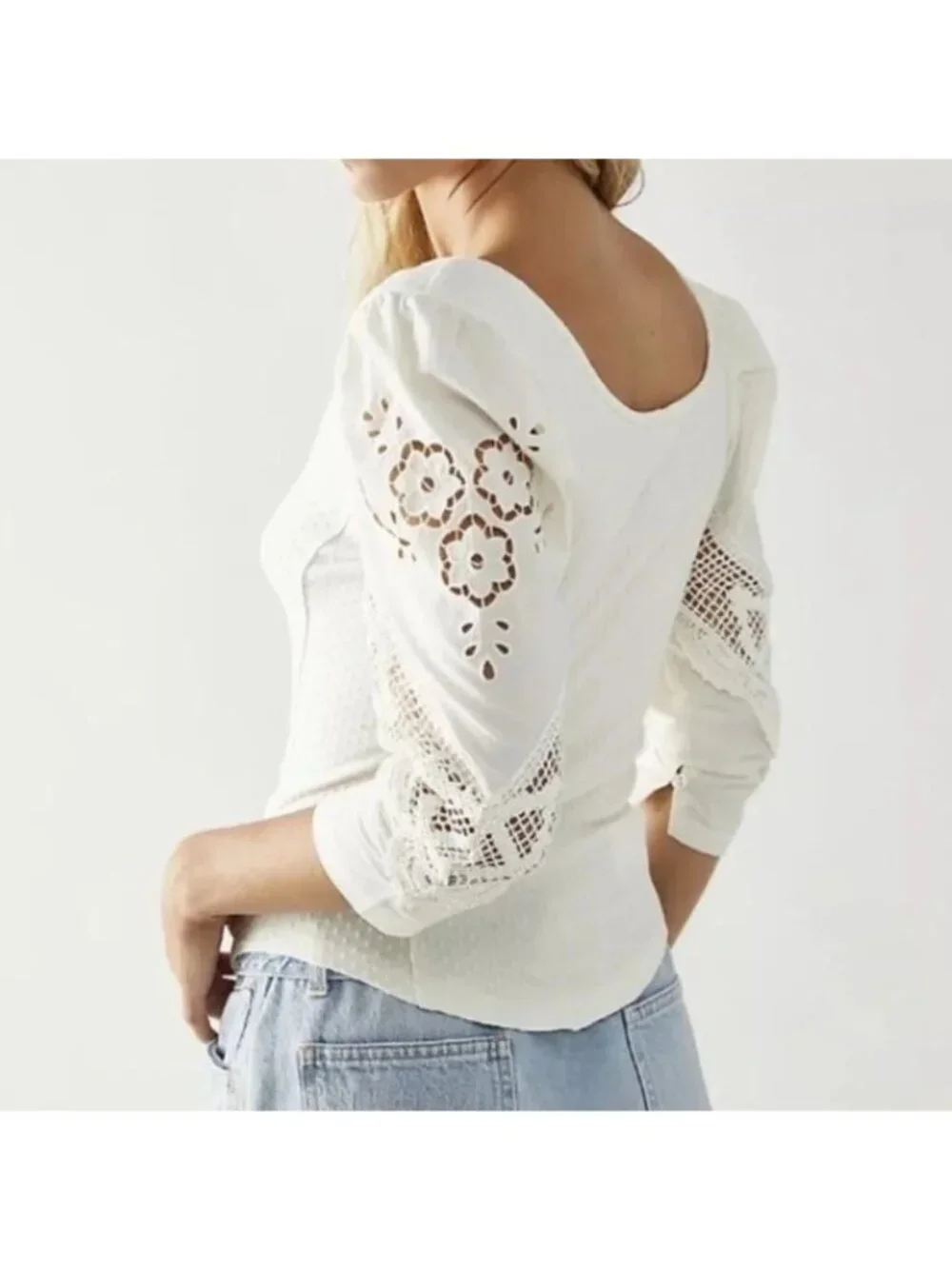 FREE PEOPLE shirt top brunch date ivory MEDIUM puff sleeve crochet boho cropped